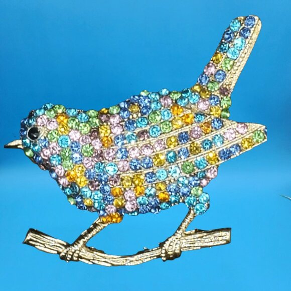 Colorful Rhinestone Bird Brooch Pin • Sparkling Rainbow Crystal Bird on Branch • - Picture 2 of 5